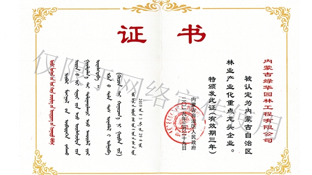 標題：內(nèi)蒙古龍頭企業(yè)榮譽證書
瀏覽次數(shù)：1535
發(fā)表時間：2019-10-26